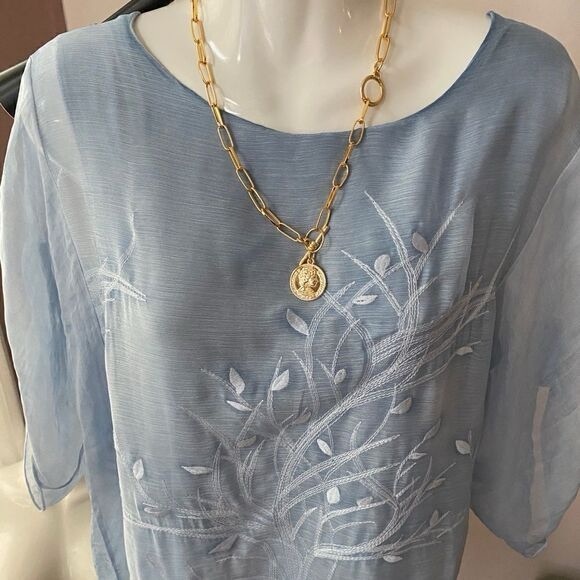 Simply Couture Double Layer Embroidery Top Blouse light blue Sz M - Picture 3 of 12